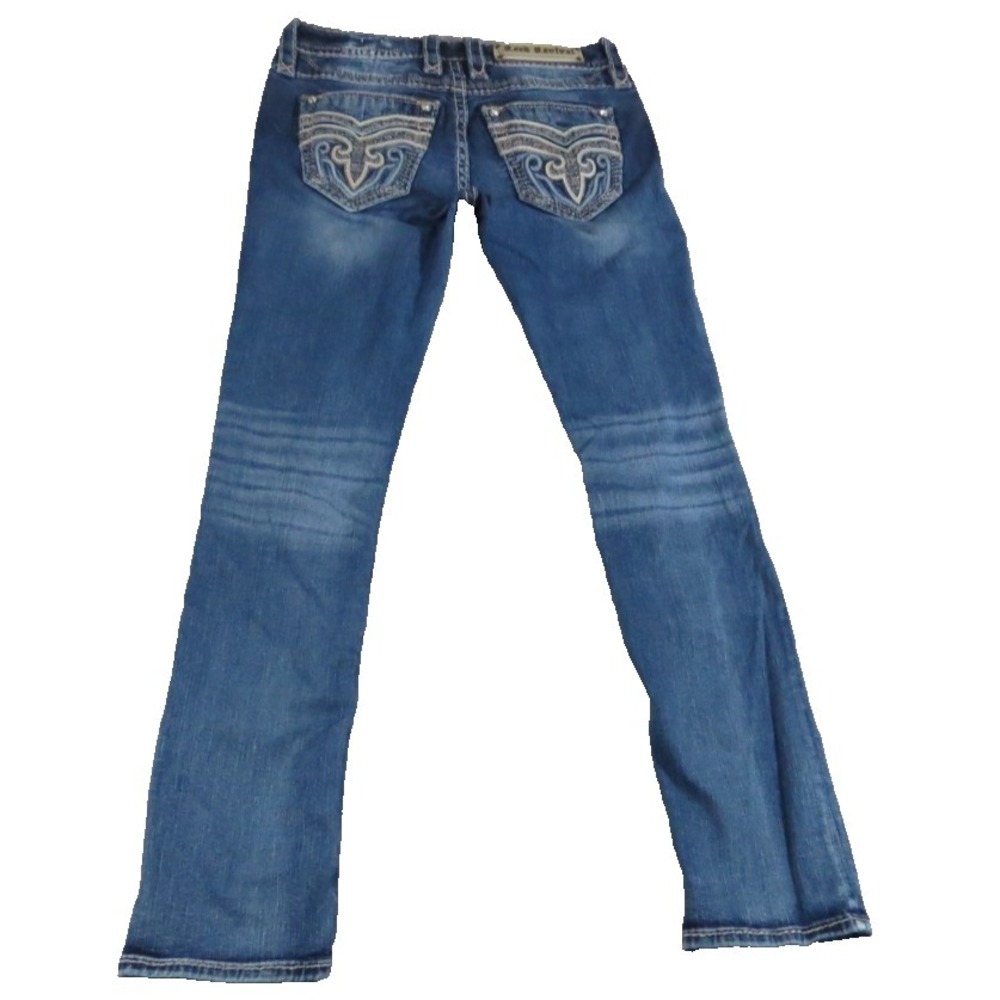 Rock Revival Straight Jeans Women 27 Blue Denim Flap Pocket Workwear Cut Hem Y2K